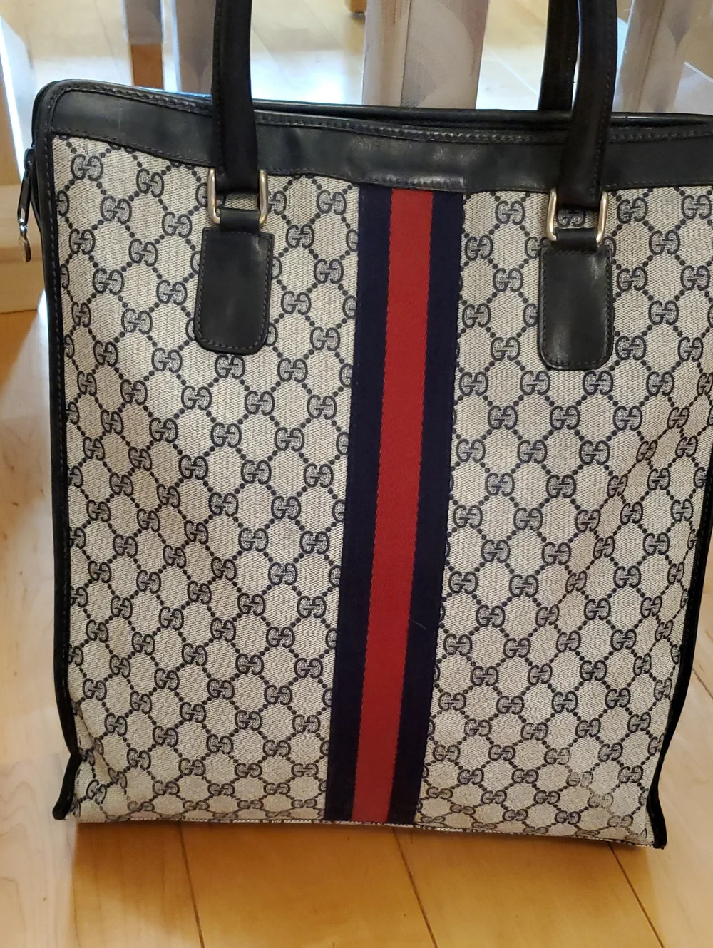 Gucci Vintage GG Canvas Vertical Messenger Bag with Navy & Red Web Stripe